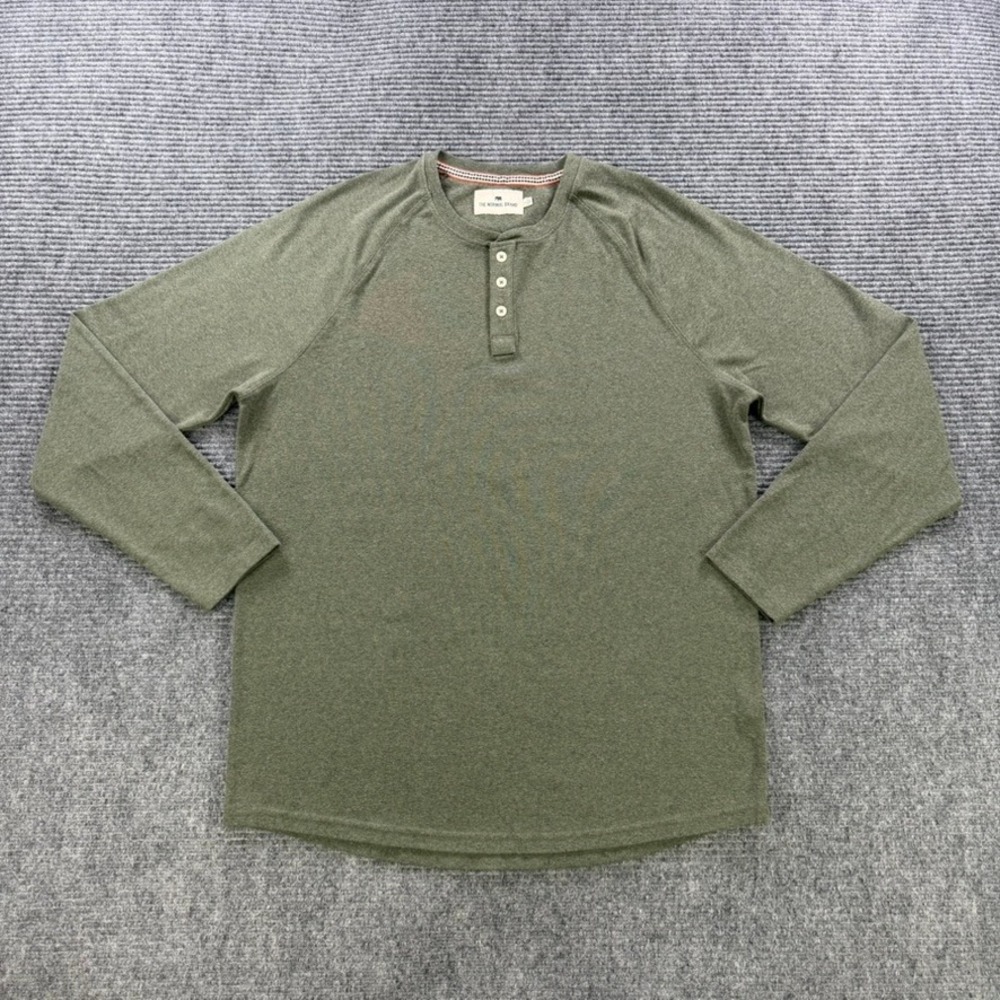 The Normal Brand Mens Large Olive Green Long Sleeve Raglan Henley Shirt Casual - Picture 2 of 11